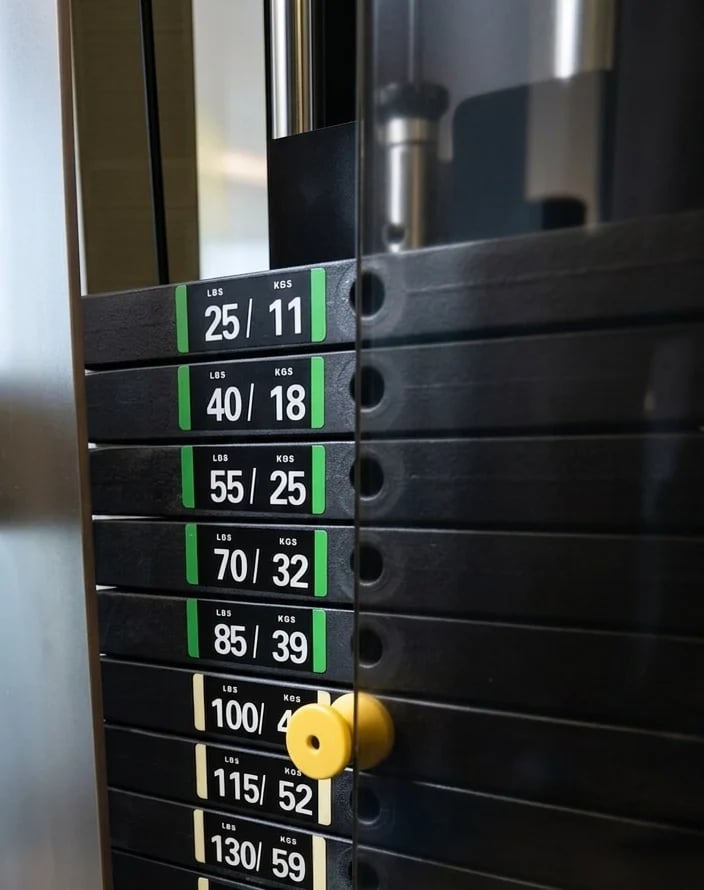 Weight plate rack with numbered black plates showing progressive weights from 25/11 to 130/59 pounds, yellow dumbbells hanging on the front