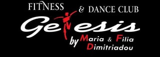 Genesis Fitness and Dance Club logo featuring a red dancing figure silhouette and text by Maria and Filia Dimitriadou