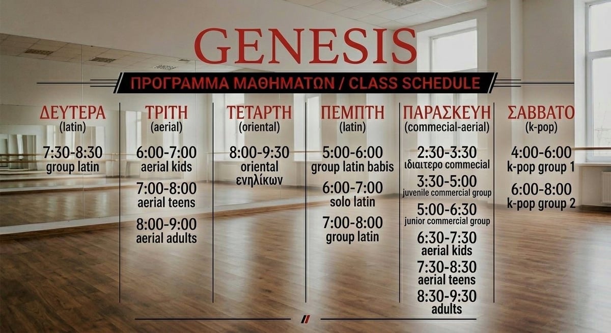 Genesis gym class schedule showing daily workout times for different groups and intensity levels throughout the week