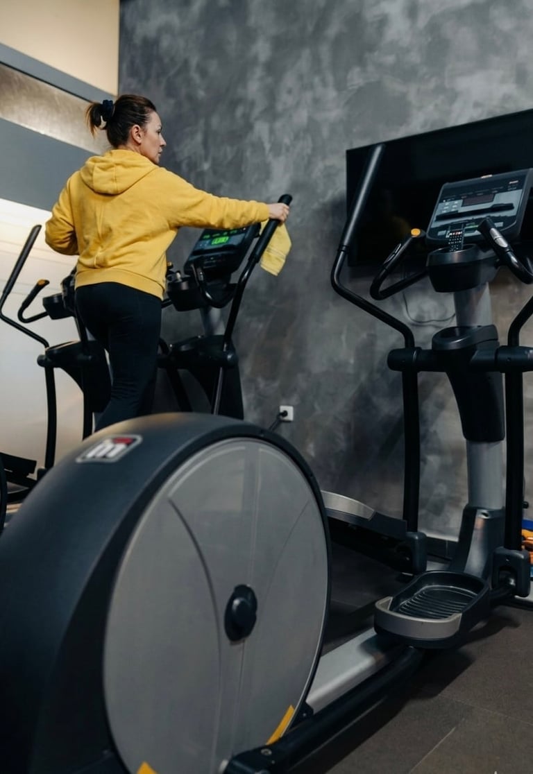 Woman in yellow jacket using cardio exercise equipment in a gym with digital display screen